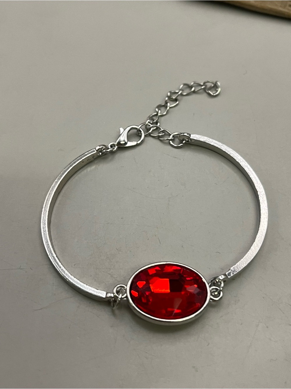 Silver Tone Red Oval Crystal Bangle Bracelet Statement Jewelry Adjustable Chain